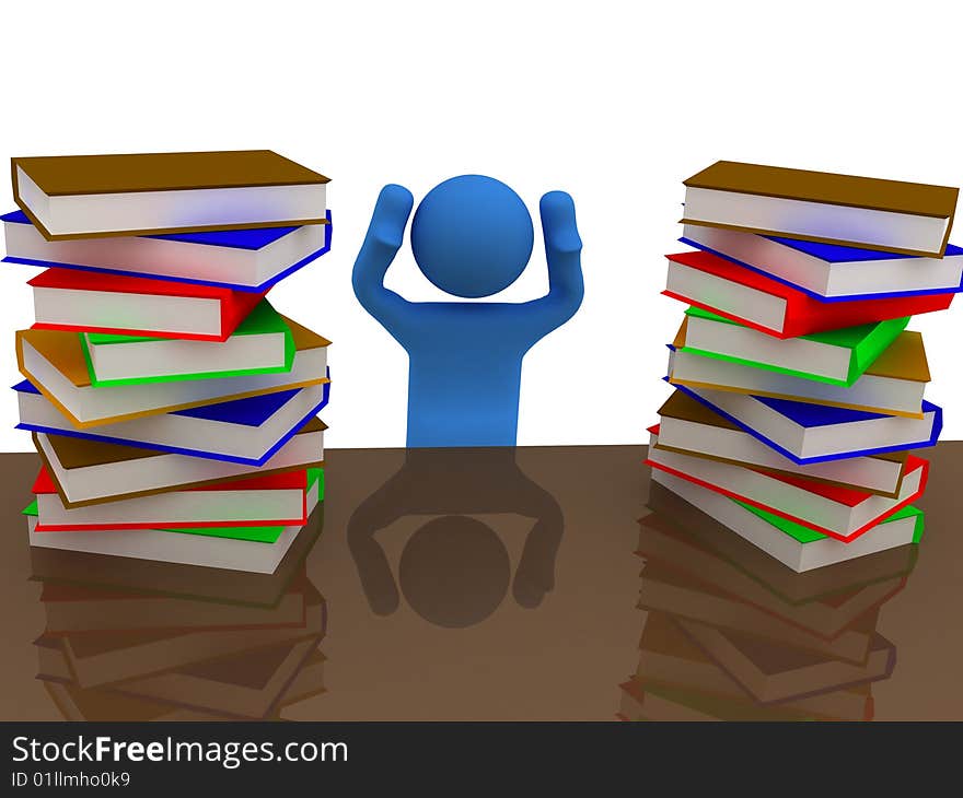 3d render of pile of books with person.