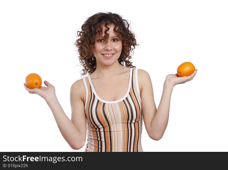 Beautiful young girl with orange. Pretty Woman and Fruit Diet Series. Smiling young healthy woman holding the orange in her hand. Isolated over white background. Beautiful young girl with orange. Pretty Woman and Fruit Diet Series. Smiling young healthy woman holding the orange in her hand. Isolated over white background.