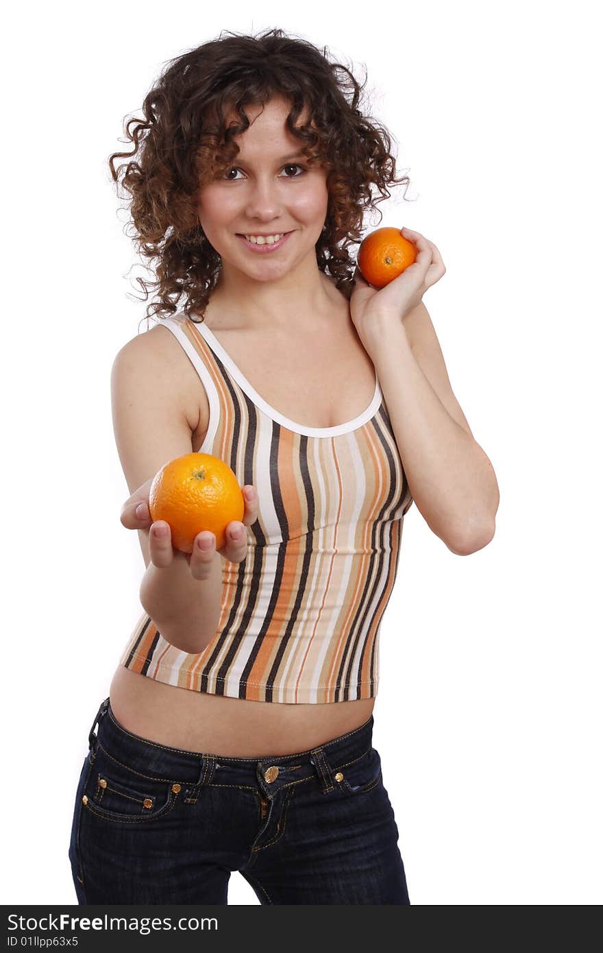 Beautiful young girl with orange. Pretty Woman and Fruit Diet Series. Smiling healthy woman is holding the orange in her hand. Isolated over white background. Beautiful young girl with orange. Pretty Woman and Fruit Diet Series. Smiling healthy woman is holding the orange in her hand. Isolated over white background.