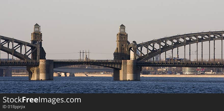 Bolsheohtinsky bridge, Neva river, Russia, Sankt-Peterburg,