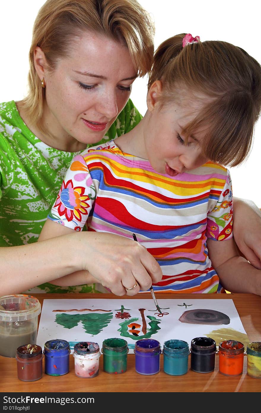 Mother and the daughter draw isolated on a white background