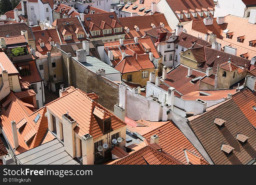 View to roofs of Prague, with ceramic tiles. Picture taken from tower of St. Nicolas church