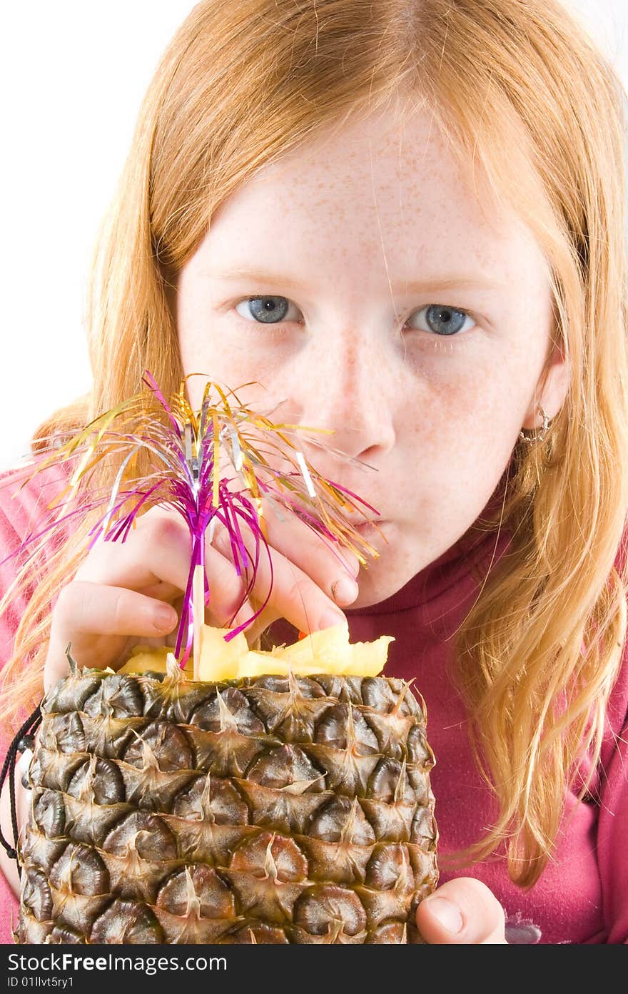 Red Head Girl Is Drinking From A Pineapple