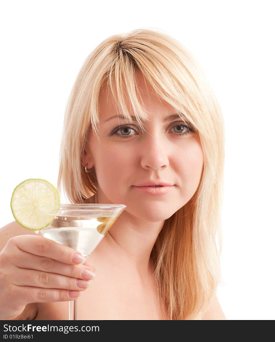 Attractive girl hold glass with martini cocktail