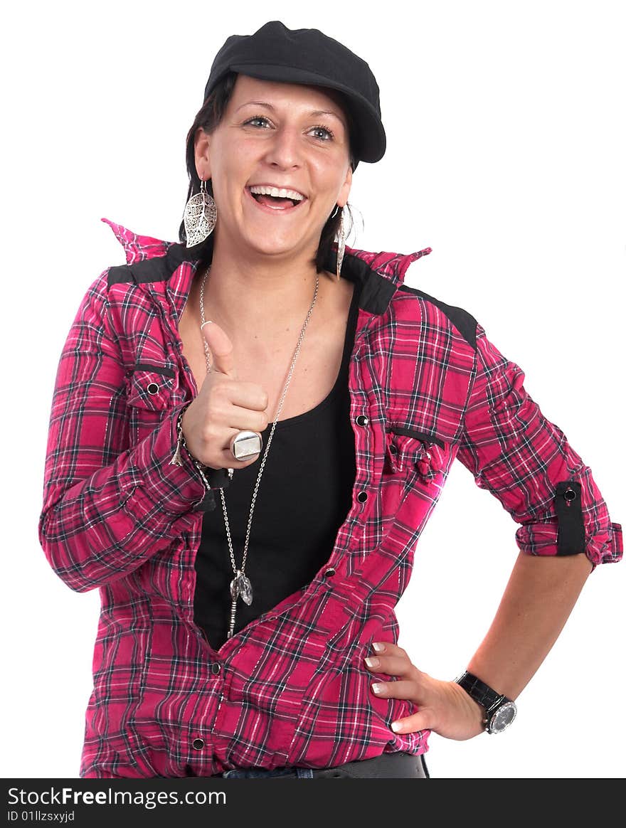 Portrait of a young woman wearing a pink shirt and giving a thumb up sign!. Portrait of a young woman wearing a pink shirt and giving a thumb up sign!