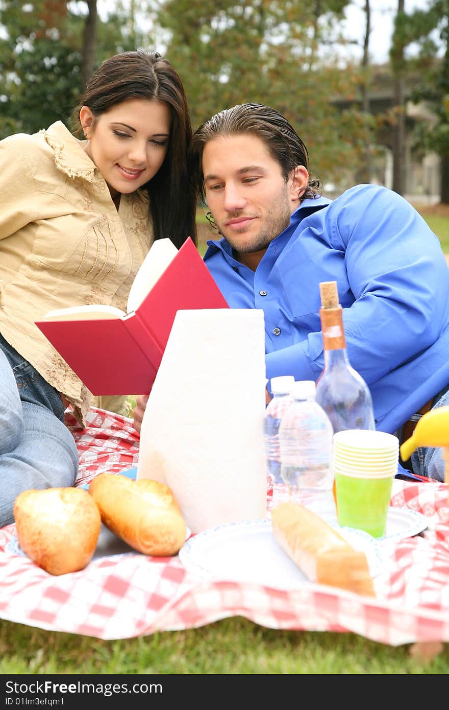 Young couple reading book together in outdoor picnic park. Young couple reading book together in outdoor picnic park