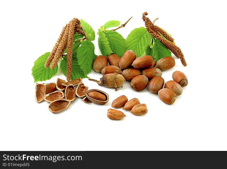 Hazelnuts with green leaf isolated on white background