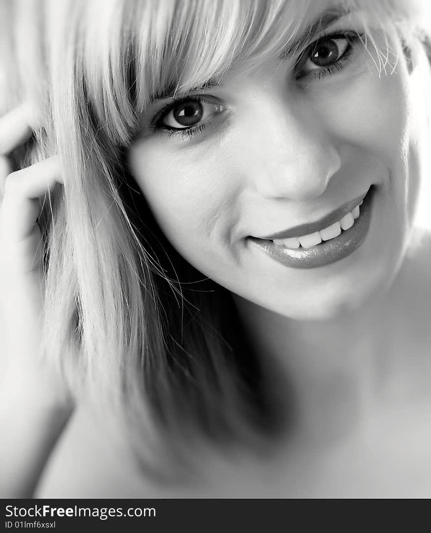 Close-up portrait of caucasian young woman with beautiful blue eyes. Black and white. Close-up portrait of caucasian young woman with beautiful blue eyes. Black and white