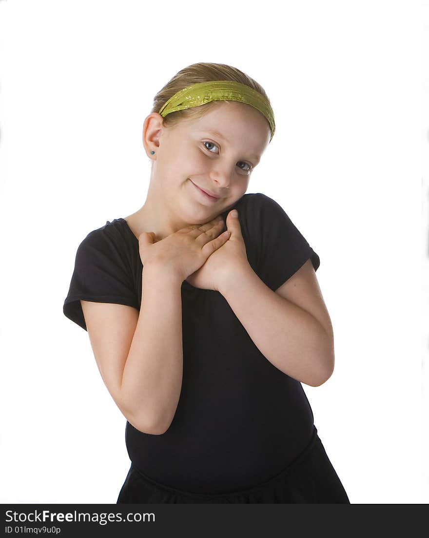 Flattered girl in black against a white background