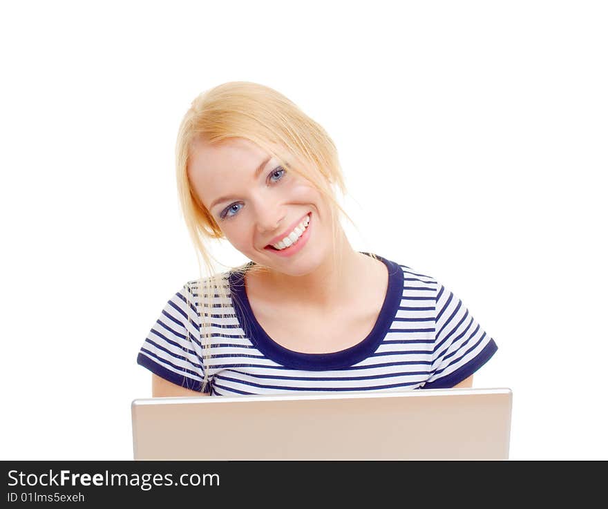 Young beautiful woman with laptop isolated on white