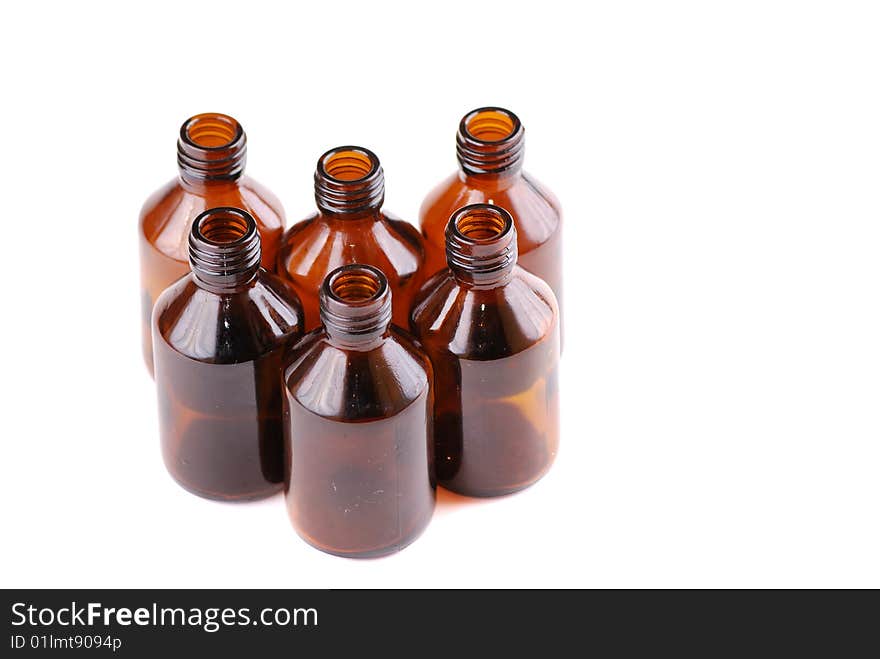 Brown vials for storage of medical preparations and chemical reactants.