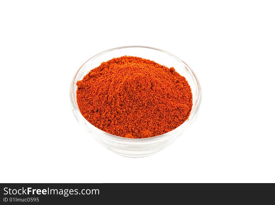 Paprika powder in glass bowl, white background