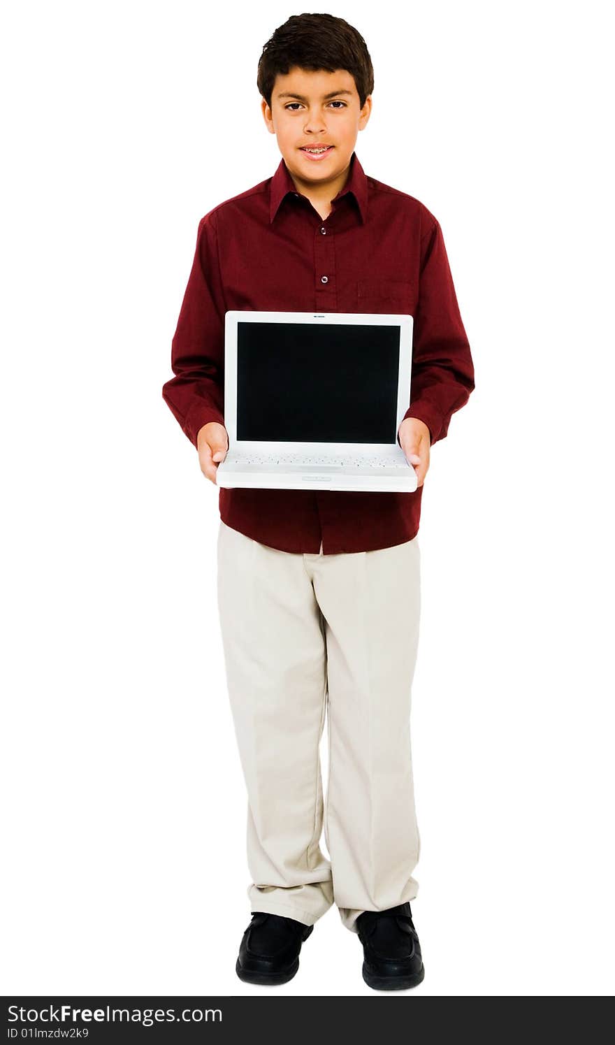 Child showing a laptop isolated over white. Child showing a laptop isolated over white