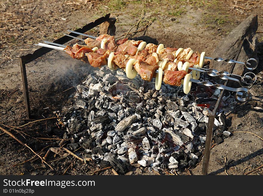 Grilled meat cooking on a coal. Grilled meat cooking on a coal