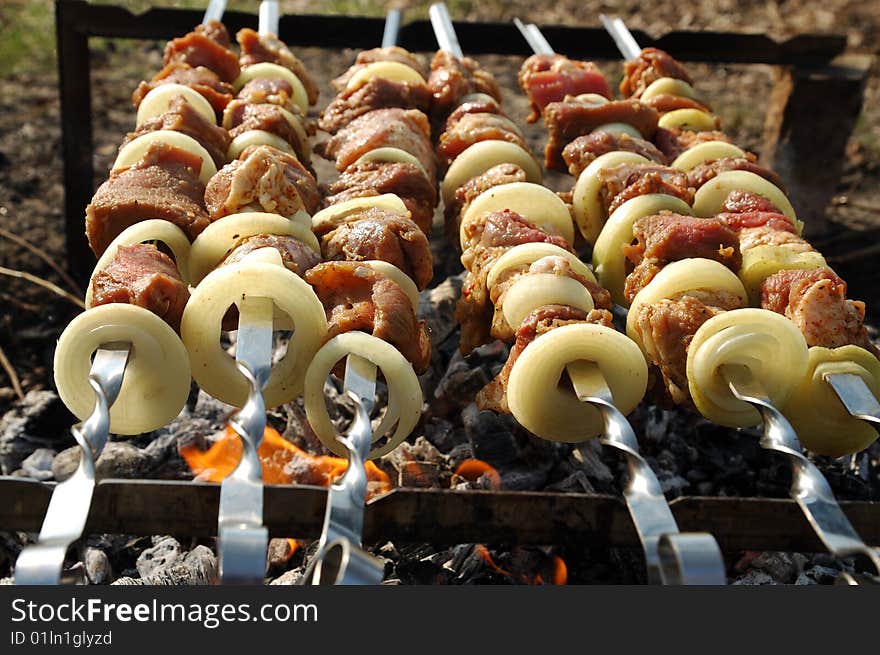 Grilled meat cooking on a coal. Grilled meat cooking on a coal