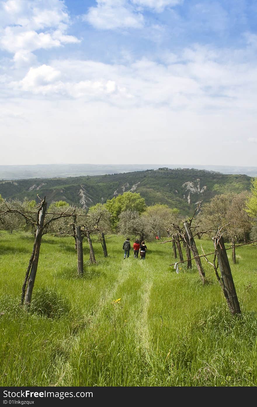 A group of people walking on mountains