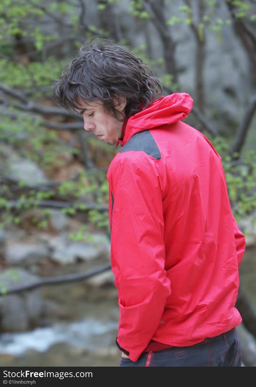 Young man in red jacket