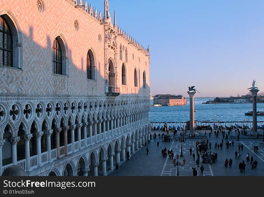 Palazzo Ducale and columns, sunset, Venice. Palazzo Ducale and columns, sunset, Venice