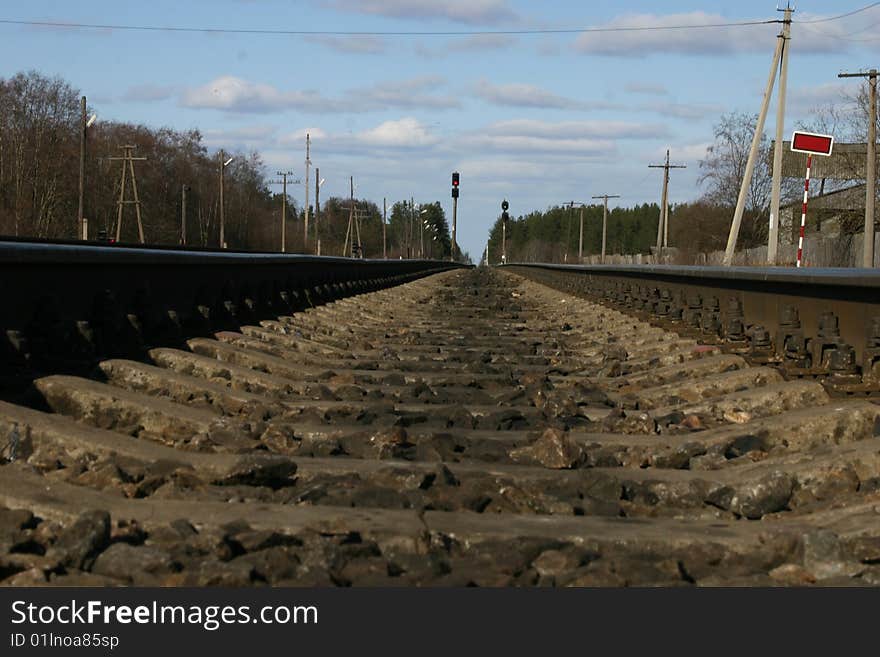 Railway. Rails, railroad ties, way forward to future.