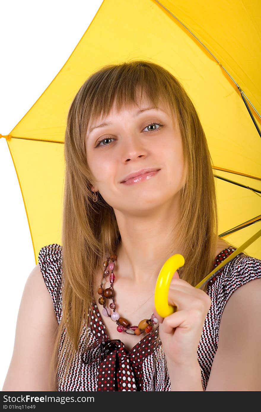 Beautiful woman with yellow umbrella on white background. Beautiful woman with yellow umbrella on white background