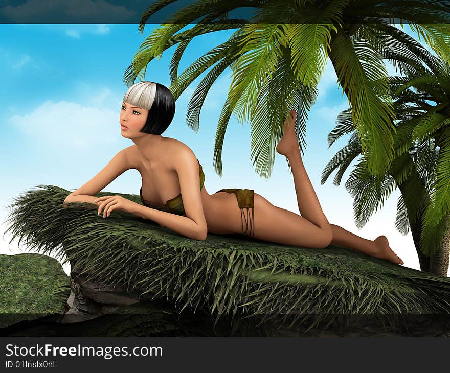 Beautiful girl lying on thу grass under palms. Beautiful girl lying on thу grass under palms