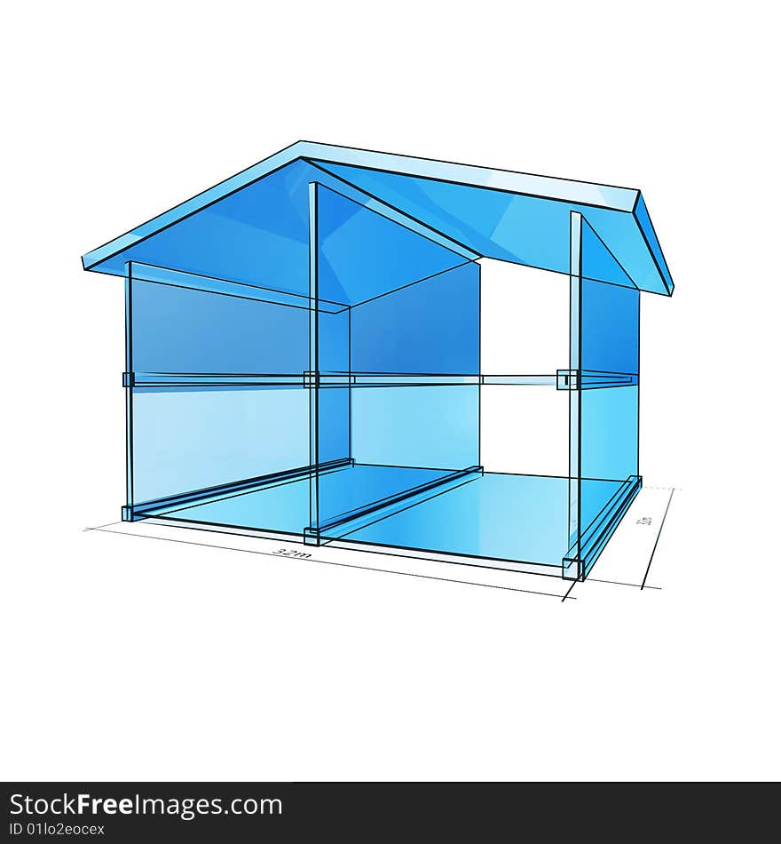 Solid glass frame house blueprint isolated on white background. Solid glass frame house blueprint isolated on white background