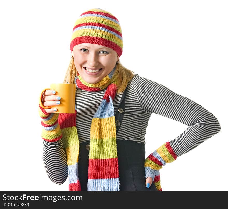 Winter girl with cup of hot tea