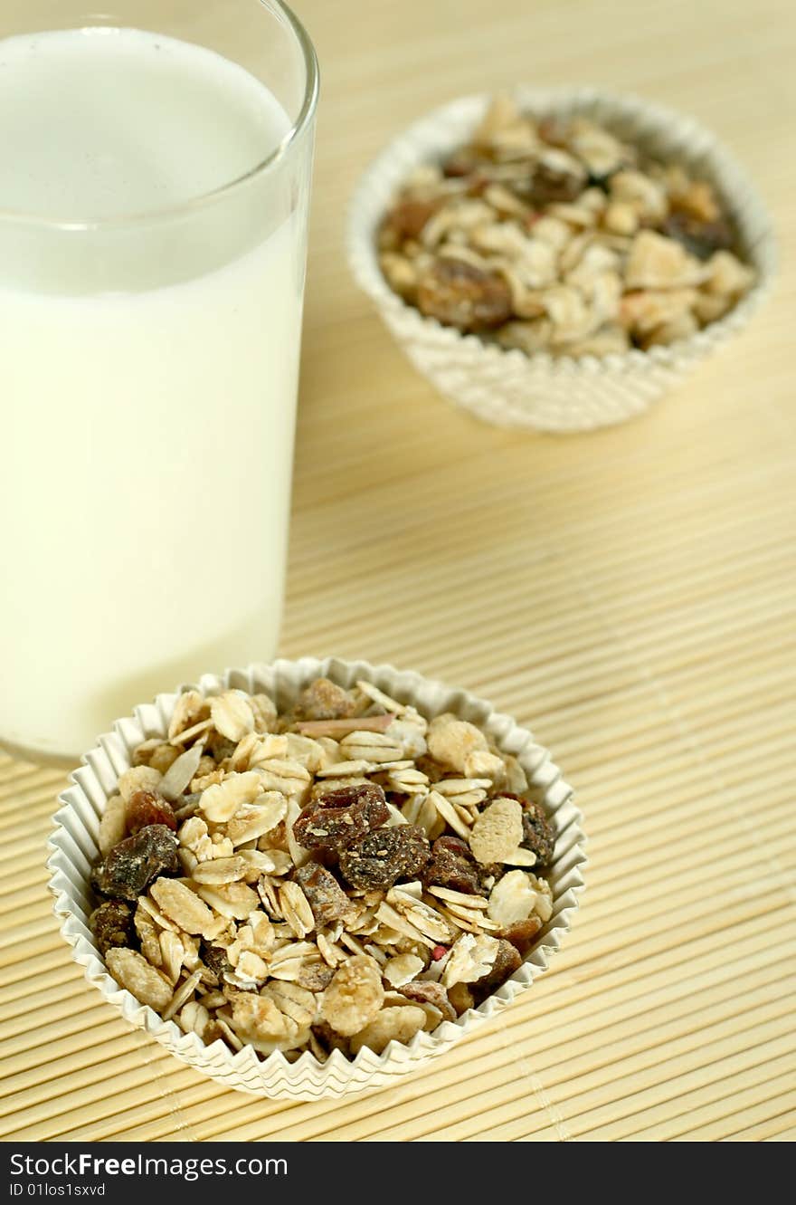 Muesli and a glass of milk, breakfast