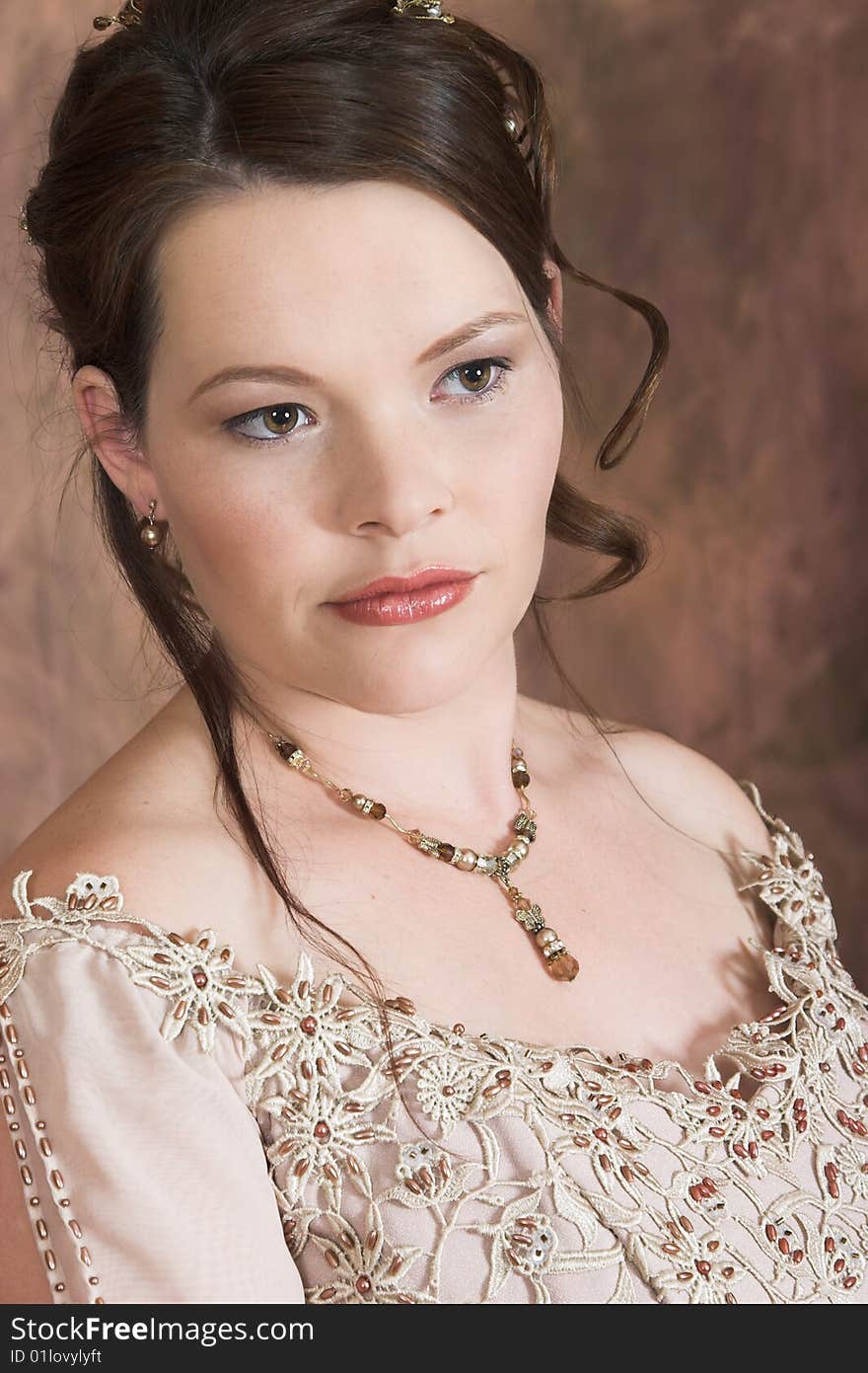 Beautiful Brunette bride in a wedding gown wearing jewelery. Beautiful Brunette bride in a wedding gown wearing jewelery