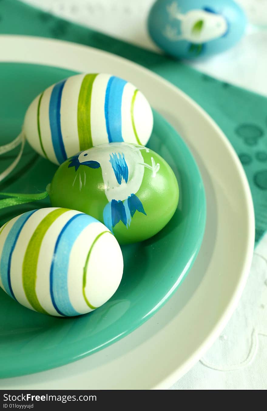 Easter eggs with ornament on a plate. Easter eggs with ornament on a plate