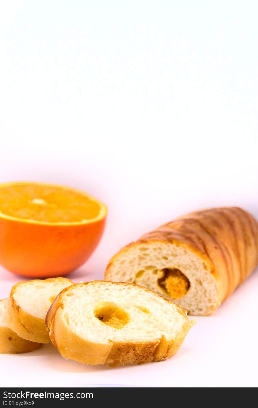 Bread and oranges with whit background. Bread and oranges with whit background