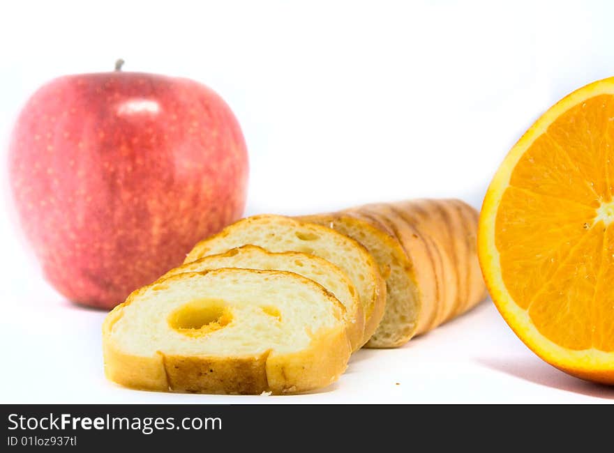 Fruits and bread with white background. Fruits and bread with white background