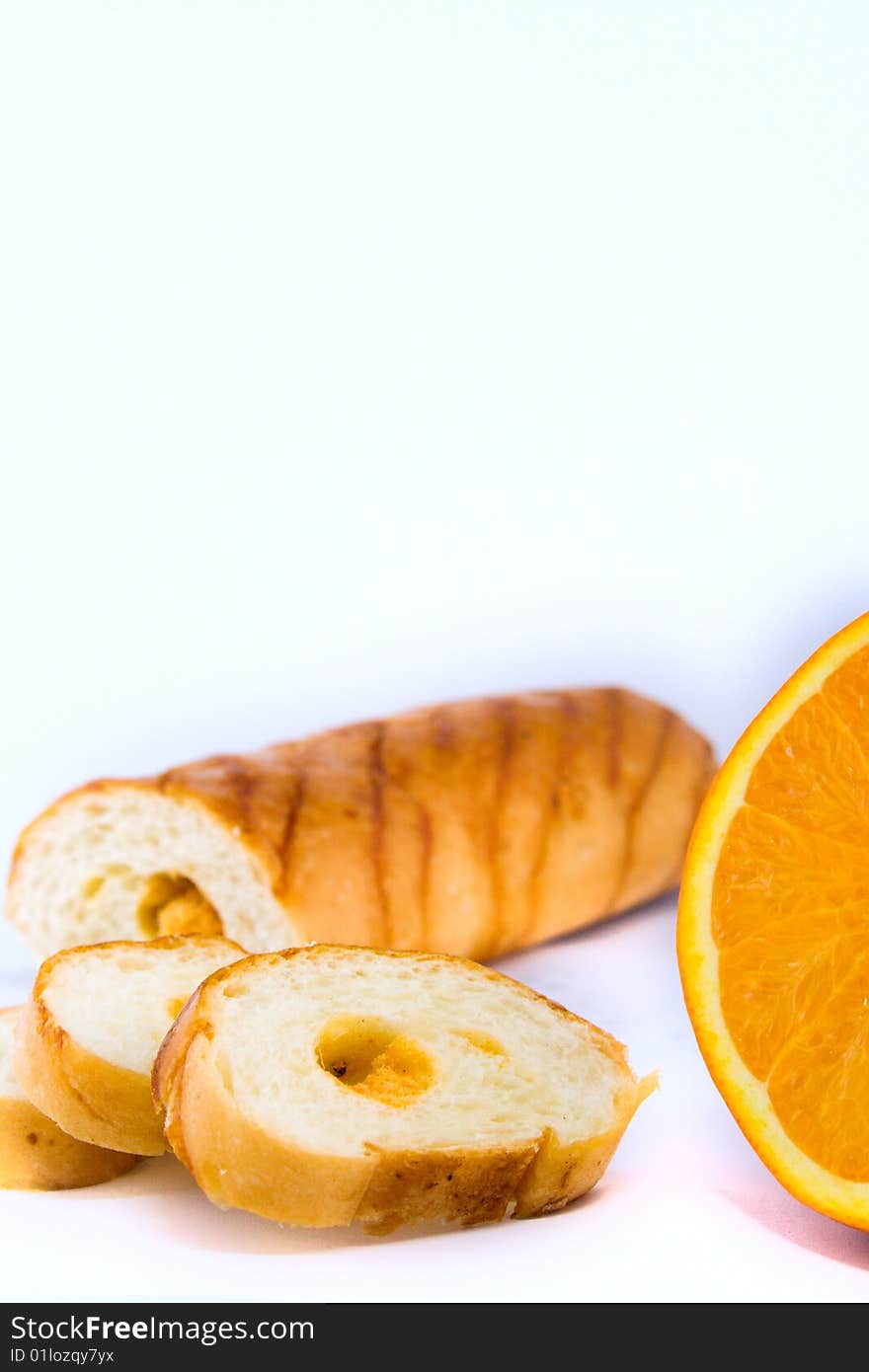 Bread and oranges with whit background. Bread and oranges with whit background