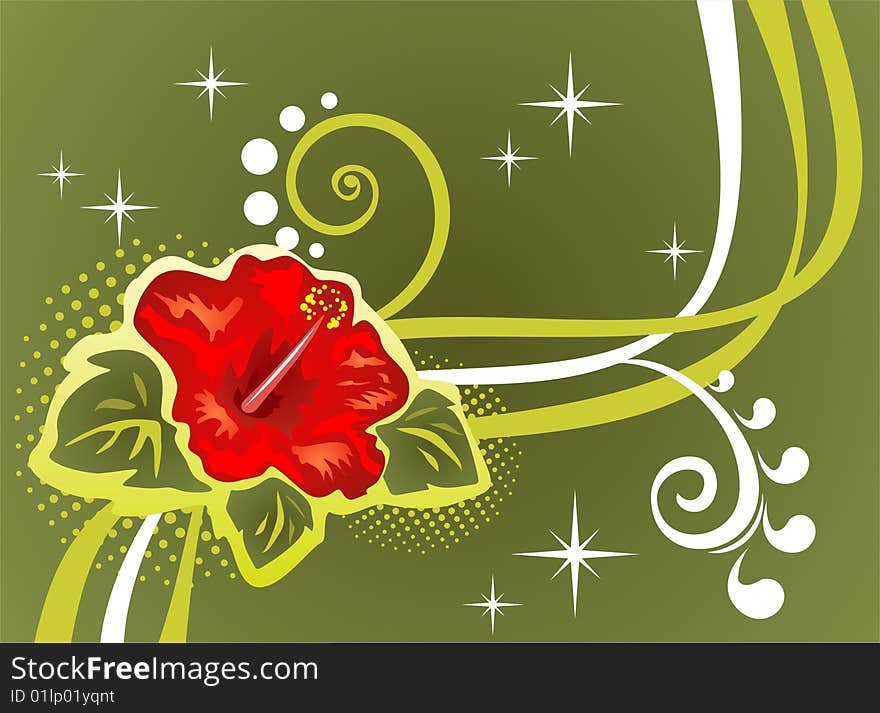 Abstract  pattern with curves and red flower on a green background. Abstract  pattern with curves and red flower on a green background.