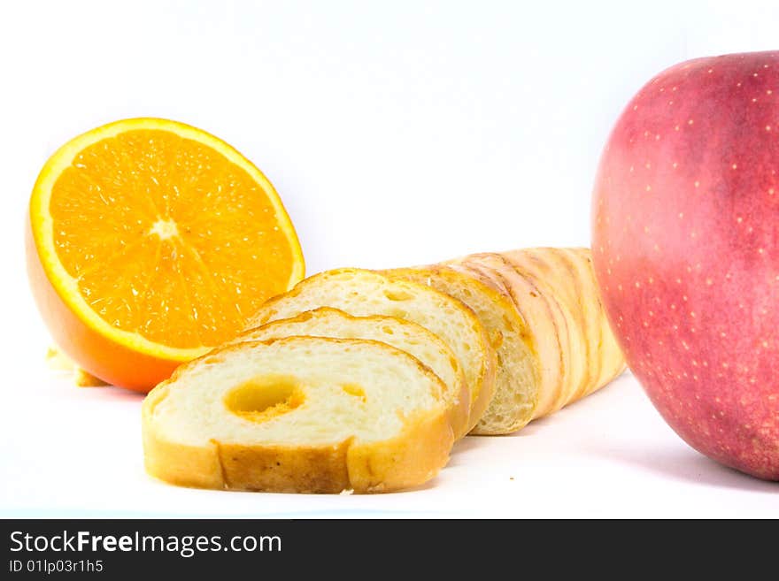 Bread and fruits wiith white background. Bread and fruits wiith white background