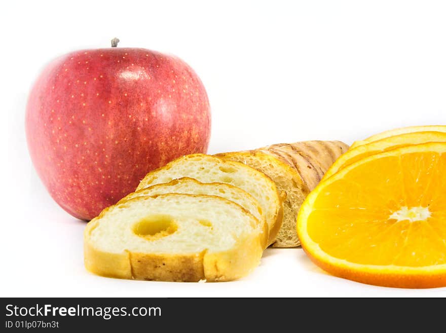 Bread - Orange - Apple with white background. Bread - Orange - Apple with white background