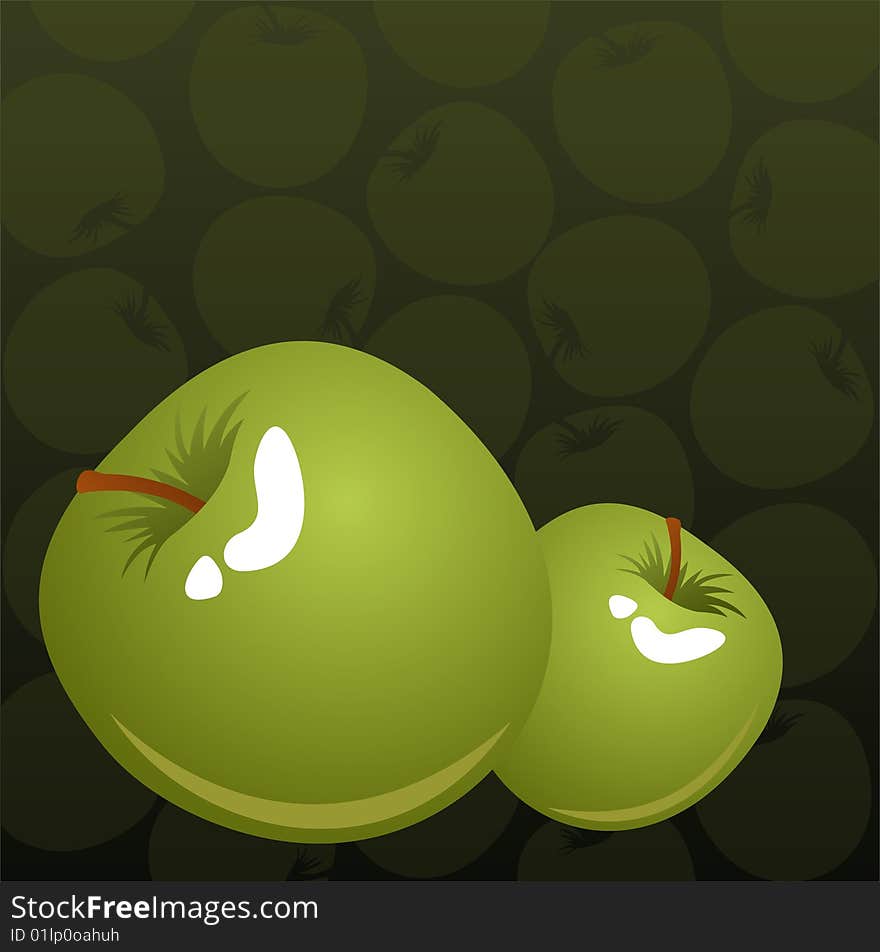 Two green apples on a dark background with fruit silhouettes.