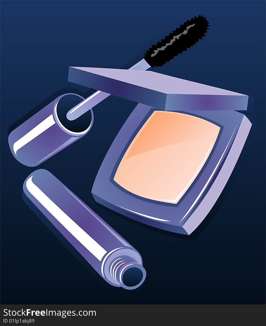 Compact powder and mascara isolated on a blue background.