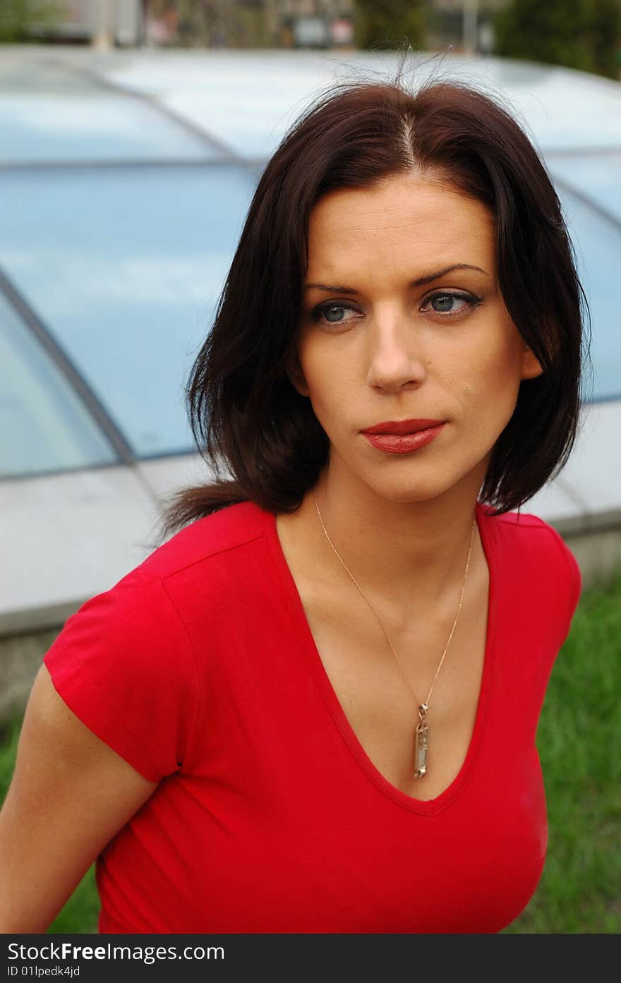 Young woman in red T-shirt. Young woman in red T-shirt