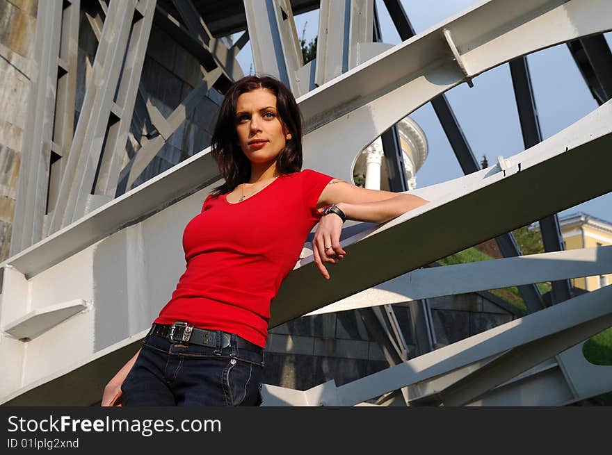 Young woman in red T-shirt. Young woman in red T-shirt