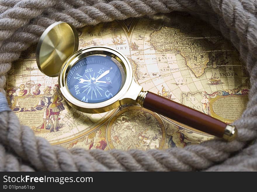 Old compass and rope