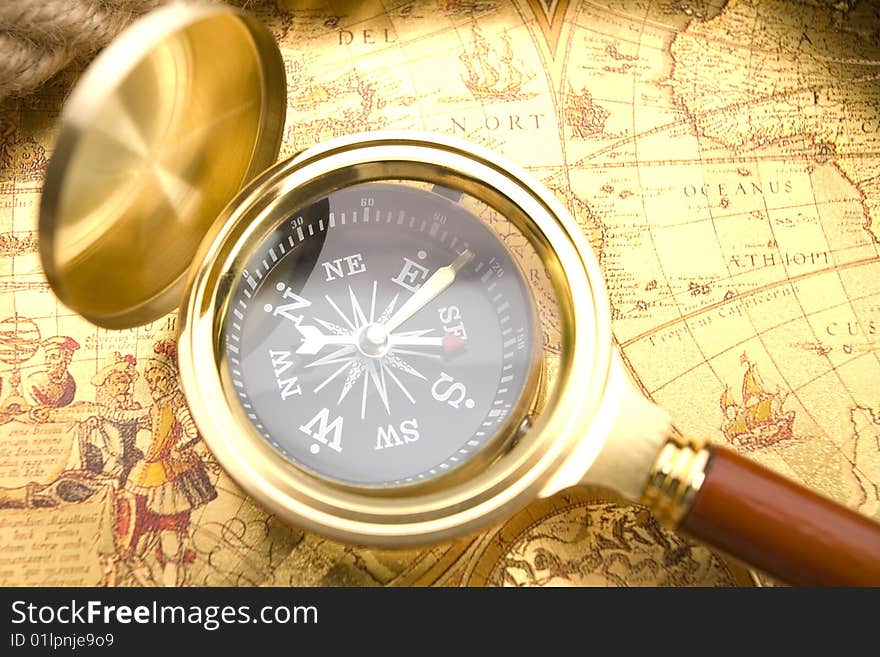 Old Compass And Magnifier