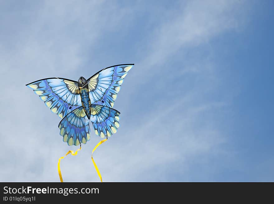 Blue kite flies against the sky