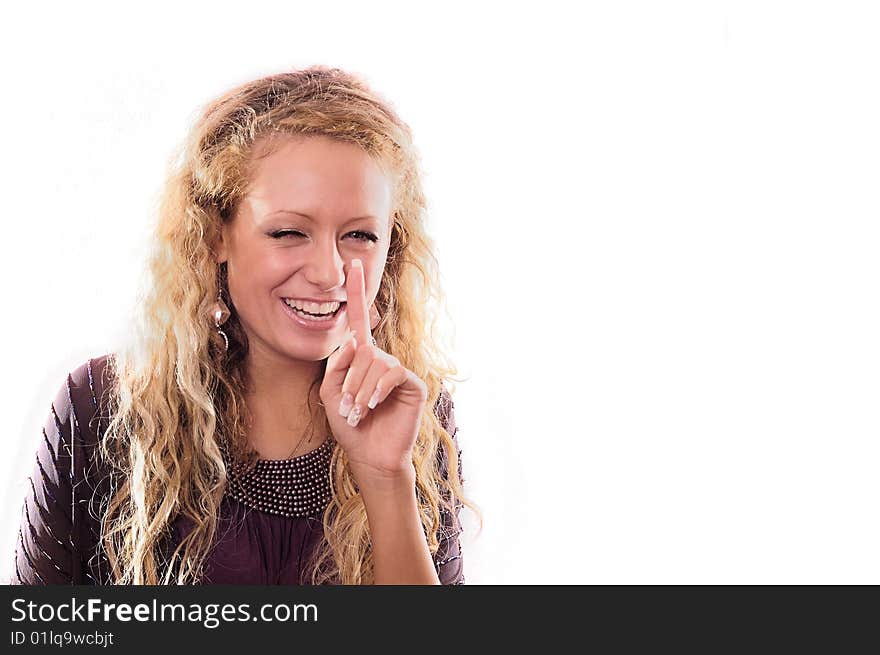 The portrait of the beautiful girl showing gesture, symbolising idea