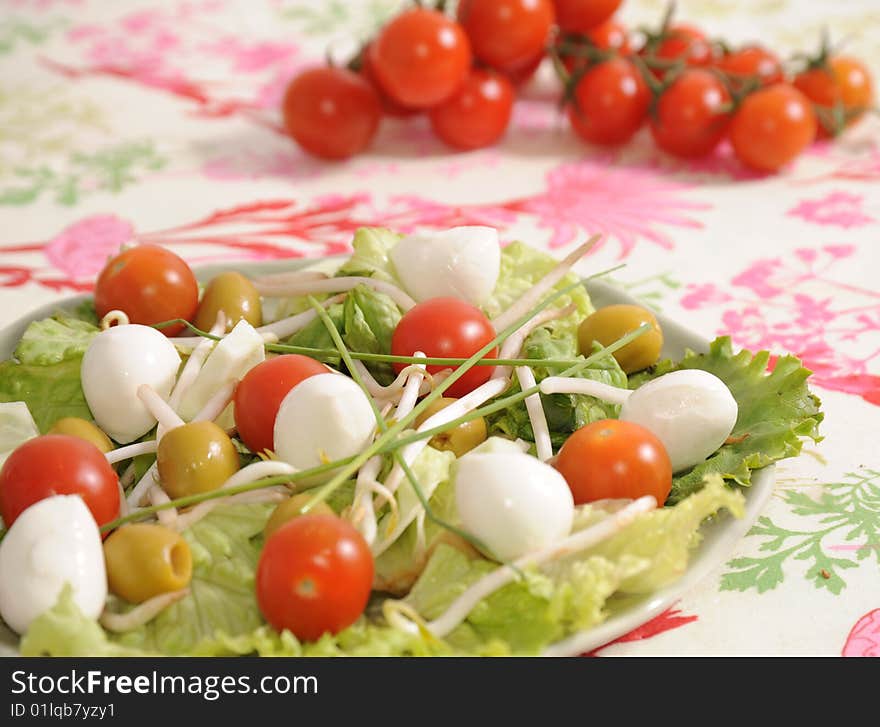 Salad of tomatoes, soia, olives and cucumbers. Salad of tomatoes, soia, olives and cucumbers