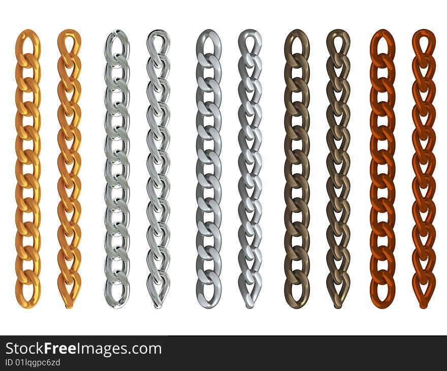 3d rendered gold, aluminum, silver, copper and brown metal chains isolated on white. 3d rendered gold, aluminum, silver, copper and brown metal chains isolated on white