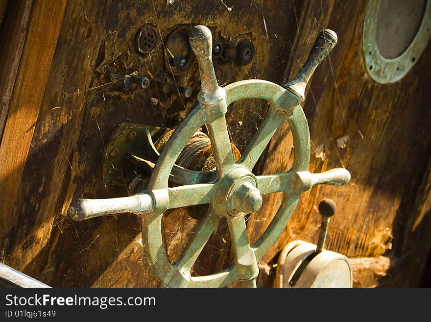 Steering wheel of an old boat. Steering wheel of an old boat