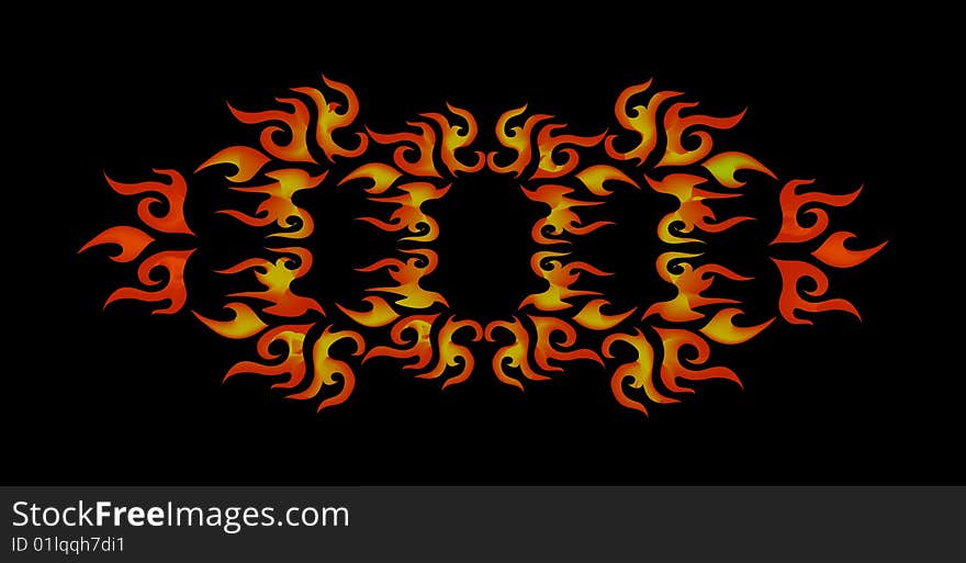 Orange and yellow fire tattoo on the black background