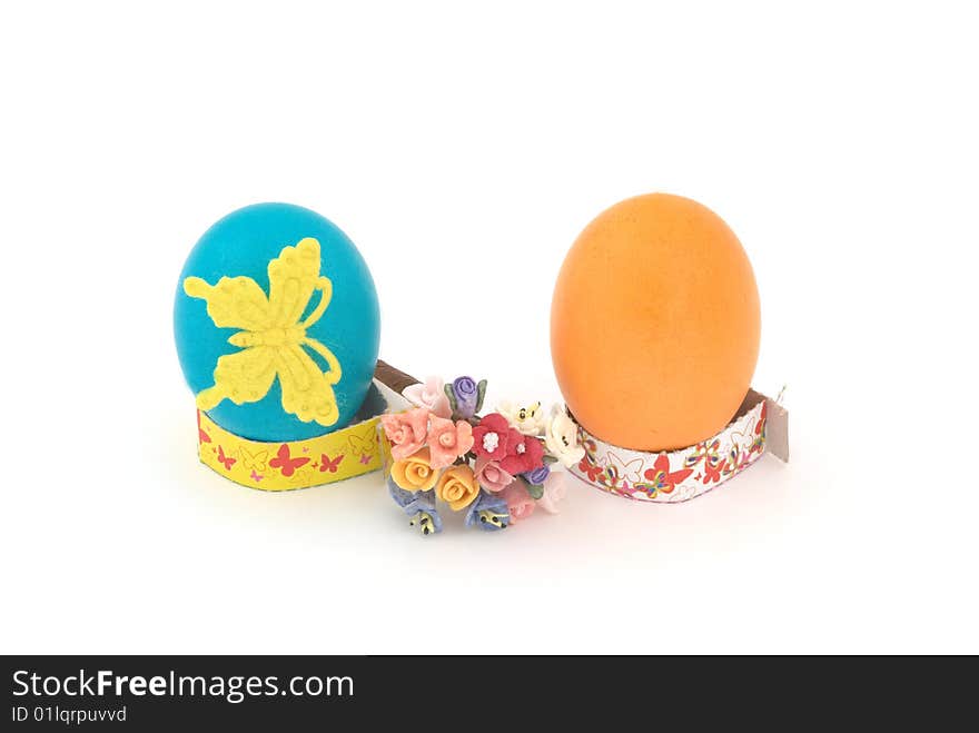 Easter eggs on white background. Selective focus