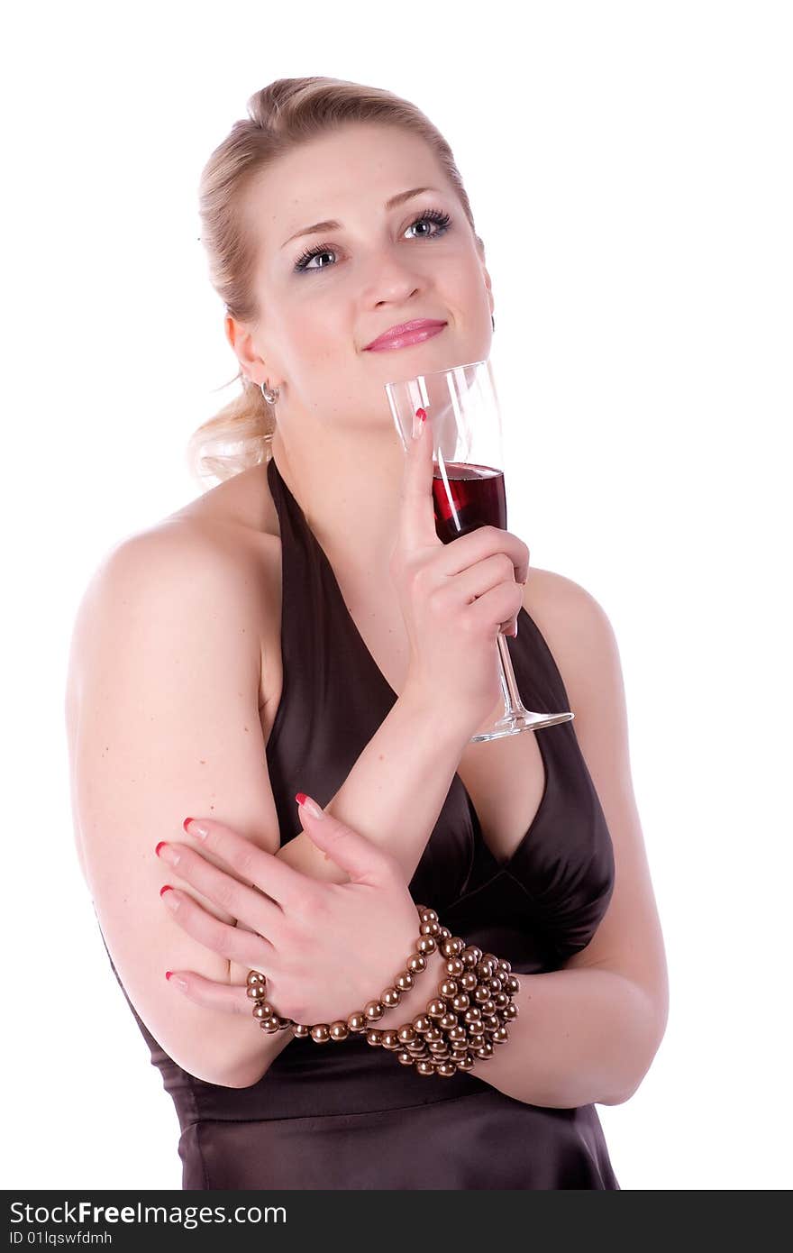 Woman in brown dress with a glass of wine on a white background. Woman in brown dress with a glass of wine on a white background